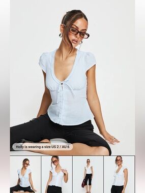 Princess Polly Kalysa Ruffle Short Sleeve Blouse Top Blue Stripe